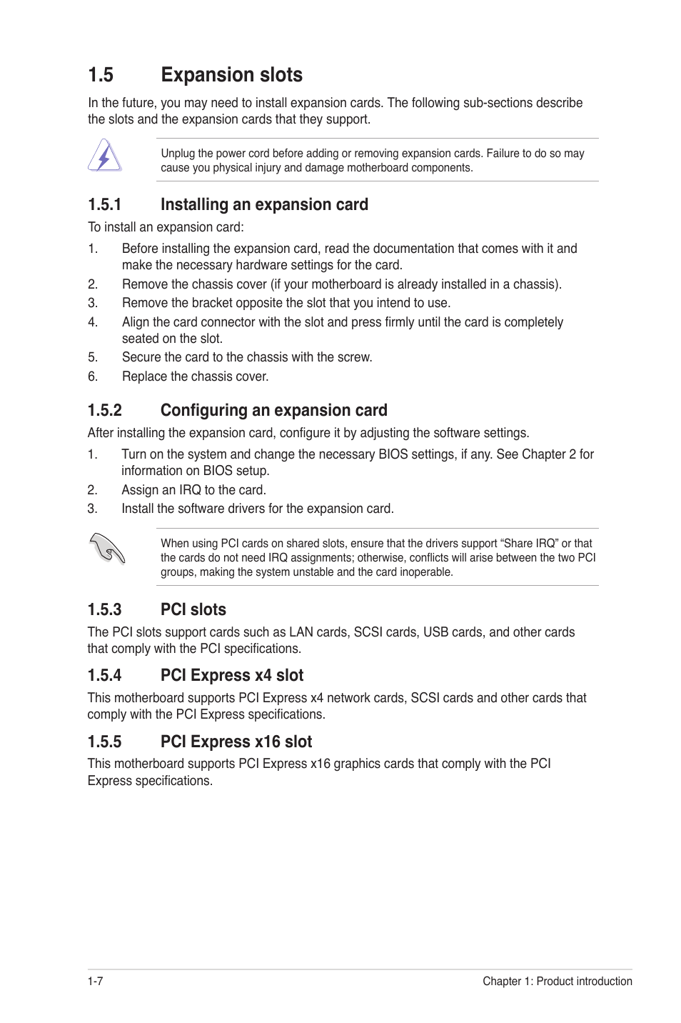 5 expansion slots, 1 installing an expansion card, 2 configuring an expansion card | 3 pci slots, 4 pci express x4 slot, 5 pci express x16 slot, Expansion slots -7 1.5.1, Installing an expansion card -7, Configuring an expansion card -7, Pci slots -7 | Asus P7H55-M PLUS User Manual | Page 16 / 49