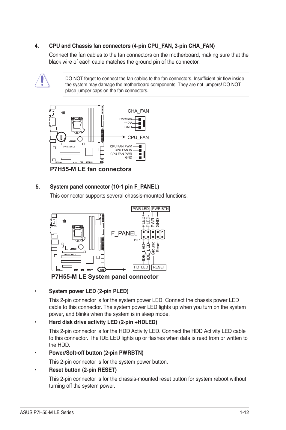 P7h55-m le fan connectors, P7h55-m le system panel connector, F_panel | Asus P7H55-M PLUS User Manual | Page 21 / 49