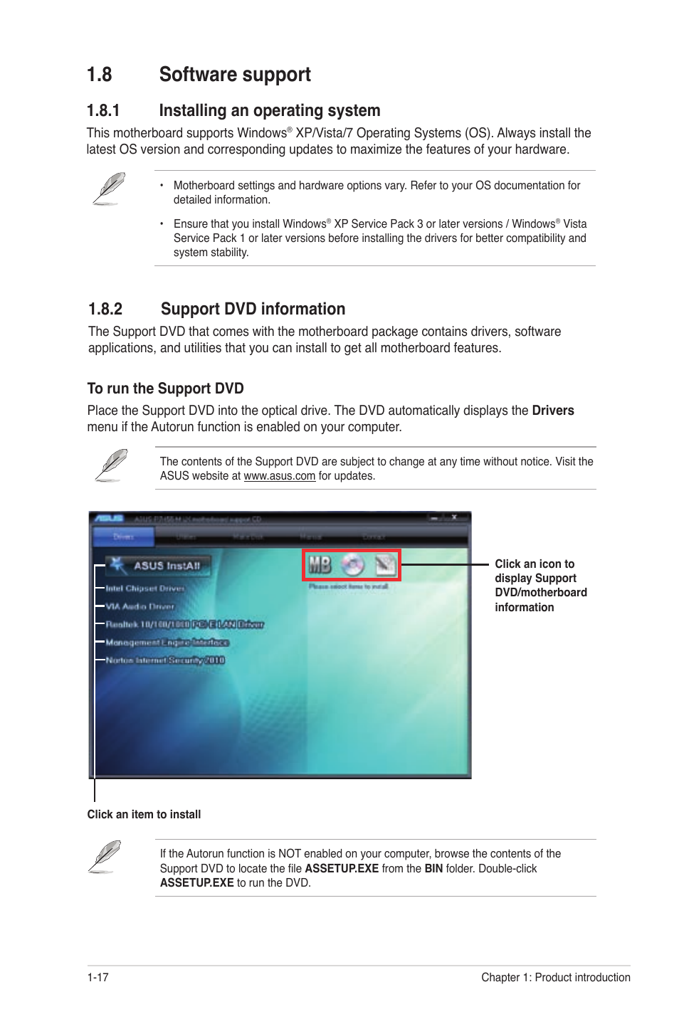 8 software support, 1 installing an operating system, 2 support dvd information | Software support -17 1.8.1, Installing an operating system -17, Support dvd information -17 | Asus P7H55-M PLUS User Manual | Page 26 / 49