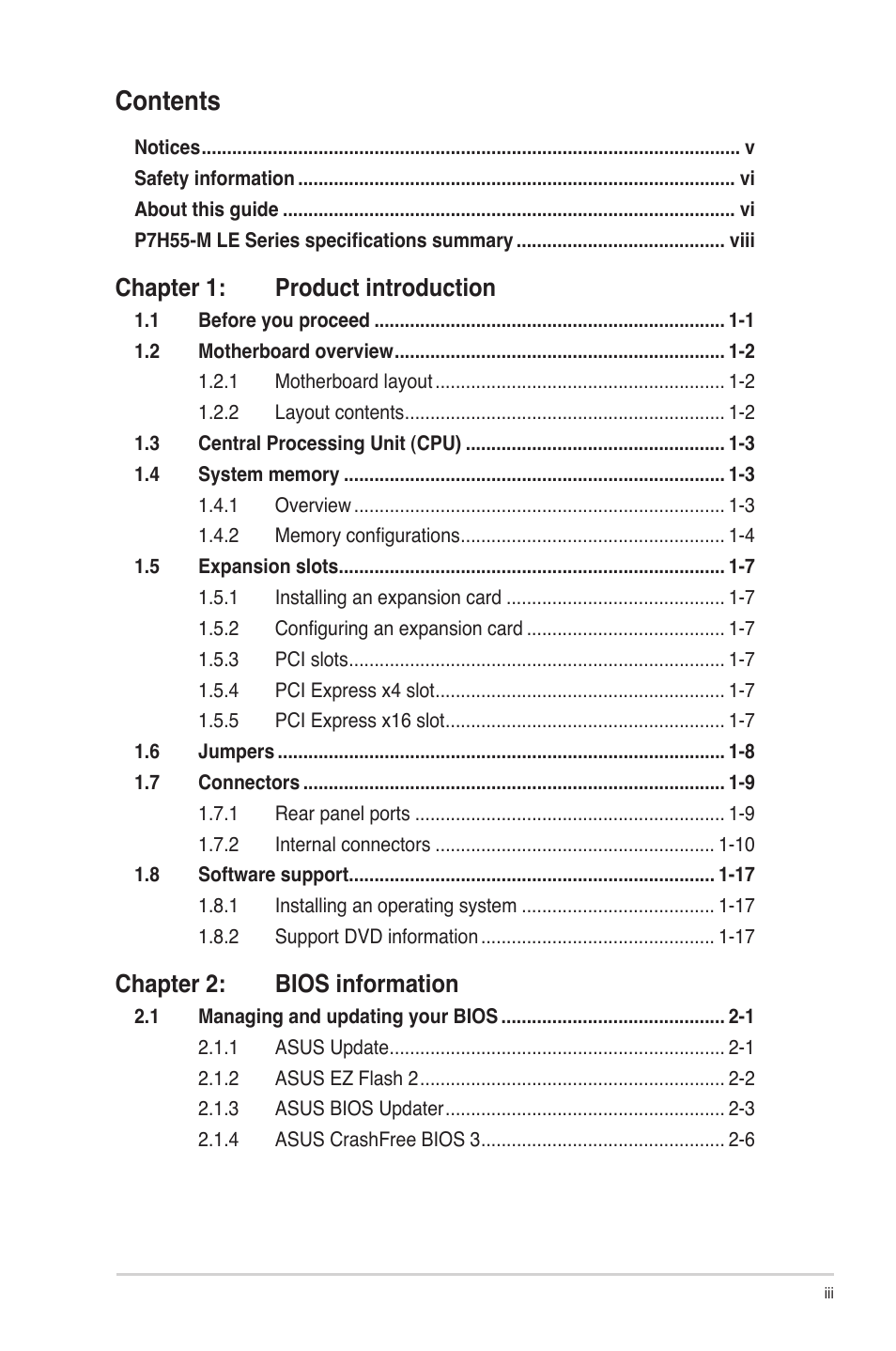Asus P7H55-M PLUS User Manual | Page 3 / 49