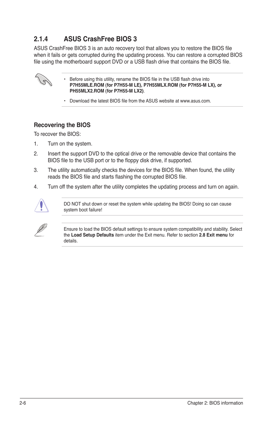 4 asus crashfree bios 3, Asus crashfree bios 3 -6 | Asus P7H55-M PLUS User Manual | Page 32 / 49