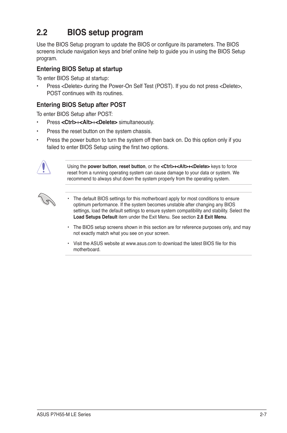 2 bios setup program, Bios setup program -7 | Asus P7H55-M PLUS User Manual | Page 33 / 49