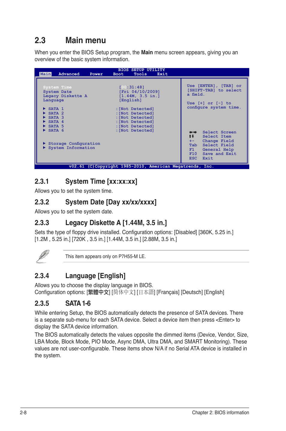 3 main menu, 1 system time [xx:xx:xx, 2 system date [day xx/xx/xxxx | 3 legacy diskette a [1.44m, 3.5 in, 4 language [english, 5 sata 1-6, Main menu -8 2.3.1, System time [xx:xx:xx] -8, System date [day xx/xx/xxxx] -8, Legacy diskette a [1.44m, 3.5 in.] -8 | Asus P7H55-M PLUS User Manual | Page 34 / 49