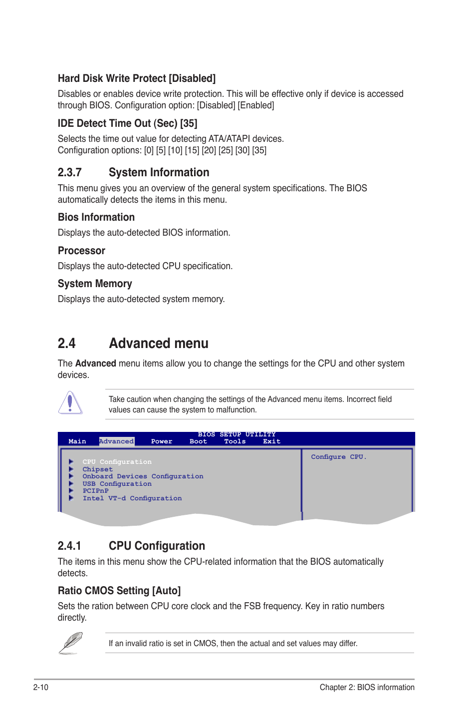 7 system information, 4 advanced menu, 1 cpu configuration | System information -10, Advanced menu -10 2.4.1, Cpu configuration -10 | Asus P7H55-M PLUS User Manual | Page 36 / 49