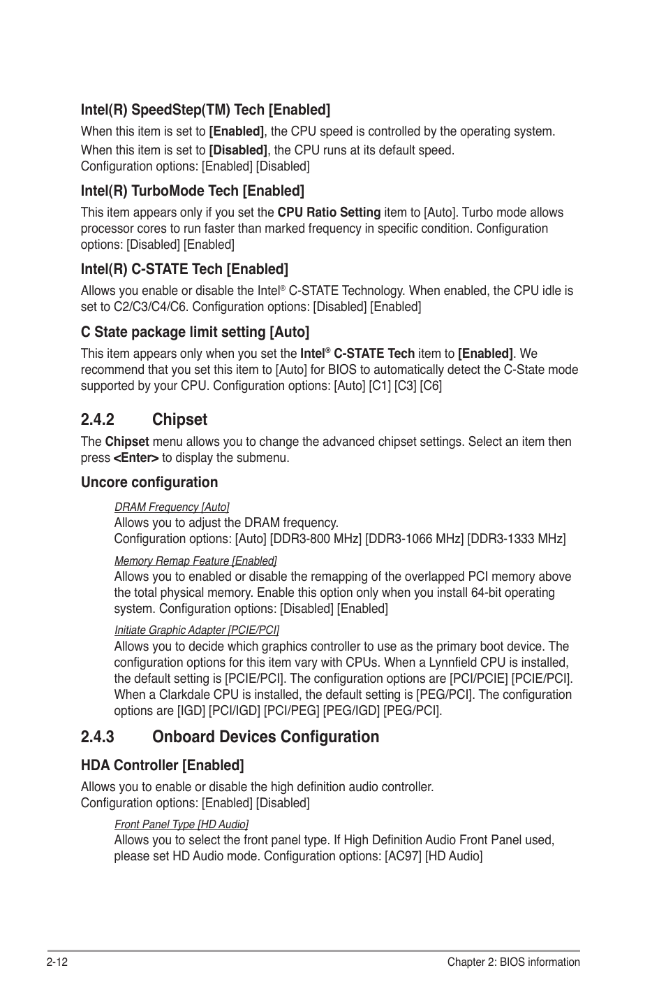 2 chipset, 3 onboard devices configuration, Chipset -12 | Onboard devices configuration -12 | Asus P7H55-M PLUS User Manual | Page 38 / 49