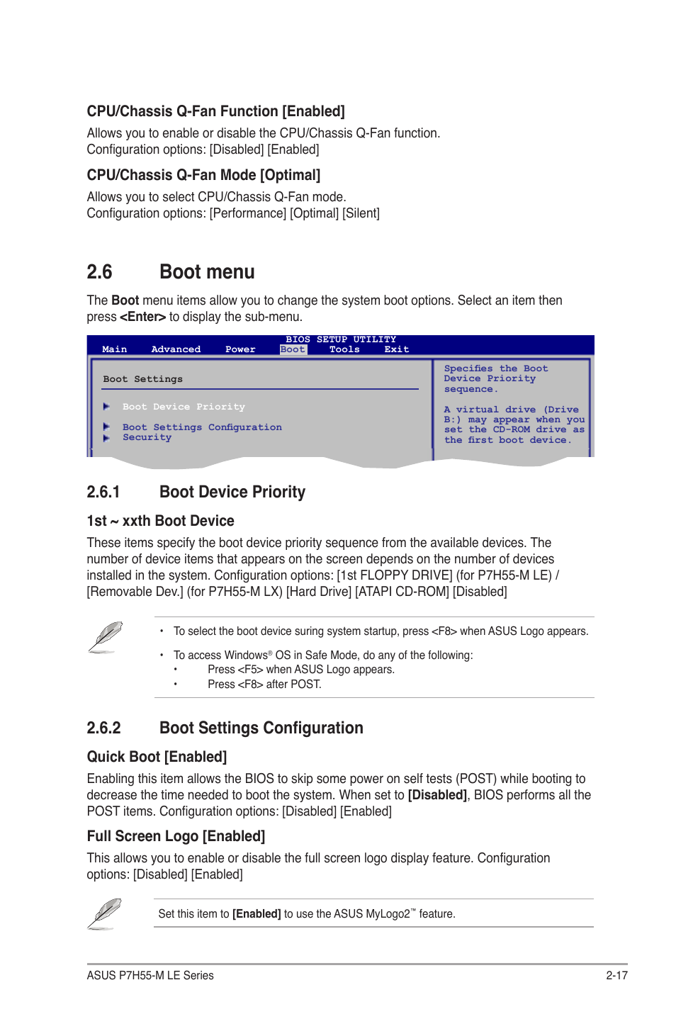 6 boot menu, 1 boot device priority, 2 boot settings configuration | Boot menu -17 2.6.1, Boot device priority -17, Boot settings configuration -17, Cpu/chassis q-fan function [enabled, Cpu/chassis q-fan mode [optimal, 1st ~ xxth boot device, Quick boot [enabled | Asus P7H55-M PLUS User Manual | Page 43 / 49