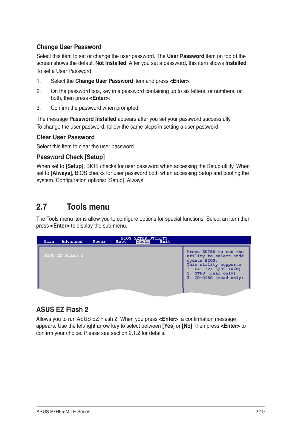 7 tools menu, Tools menu -19, Asus ez flash 2 | Asus P7H55-M PLUS User Manual | Page 45 / 49