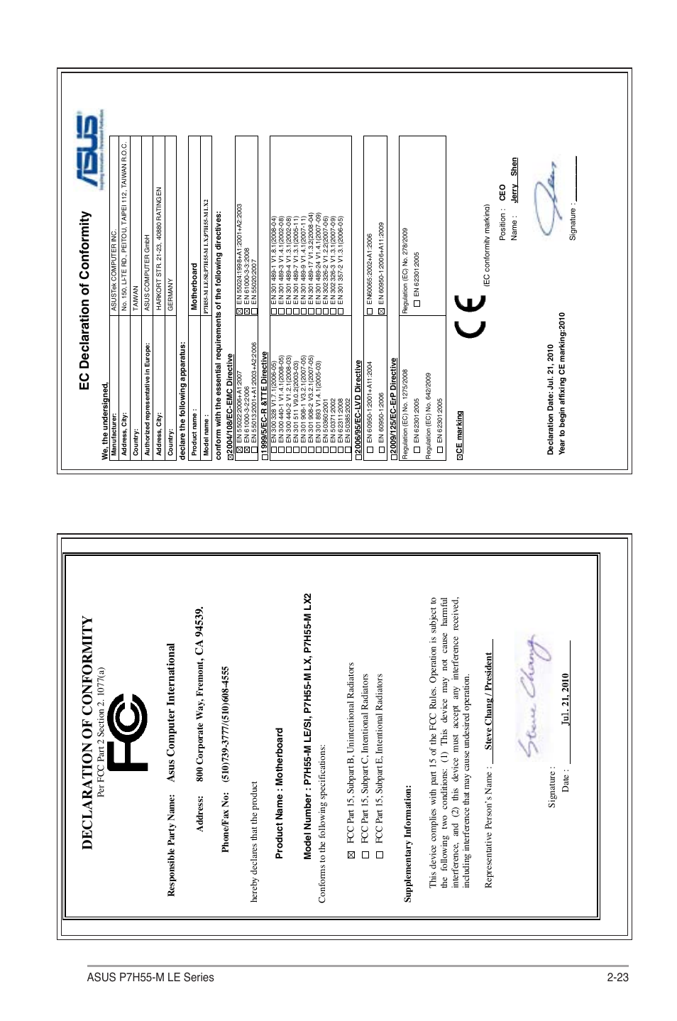 Declaration of conformity, Ec declaration of conformity, Asu s c om pu te r i nt er na tio na l | Asus P7H55-M PLUS User Manual | Page 49 / 49