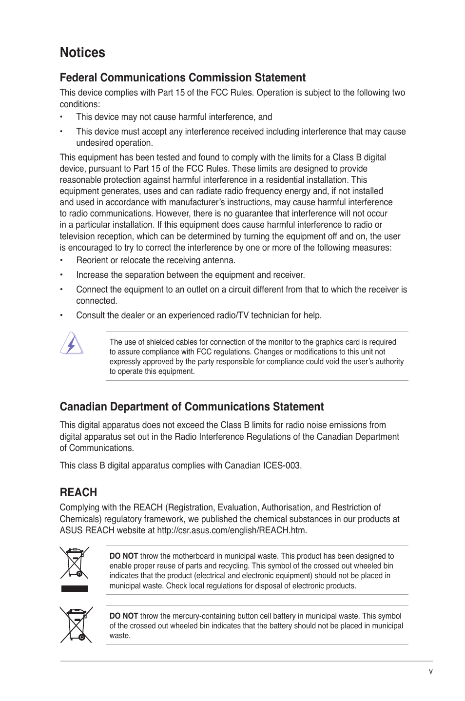 Notices, Federal communications commission statement, Canadian department of communications statement | Reach | Asus P7H55-M PLUS User Manual | Page 5 / 49