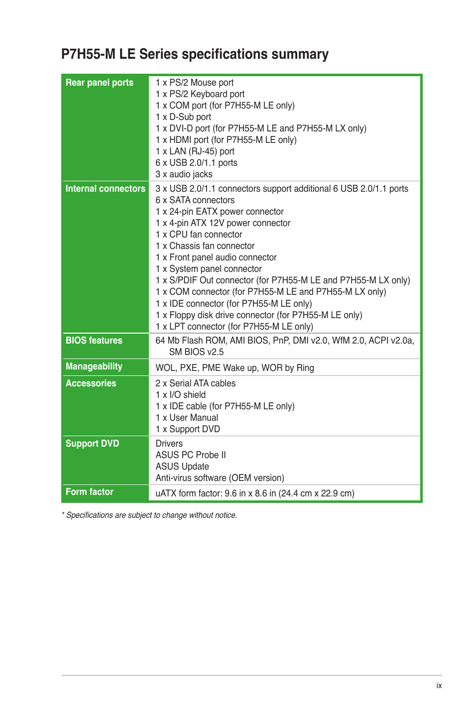 P7h55-m le series specifications summary | Asus P7H55-M PLUS User Manual | Page 9 / 49