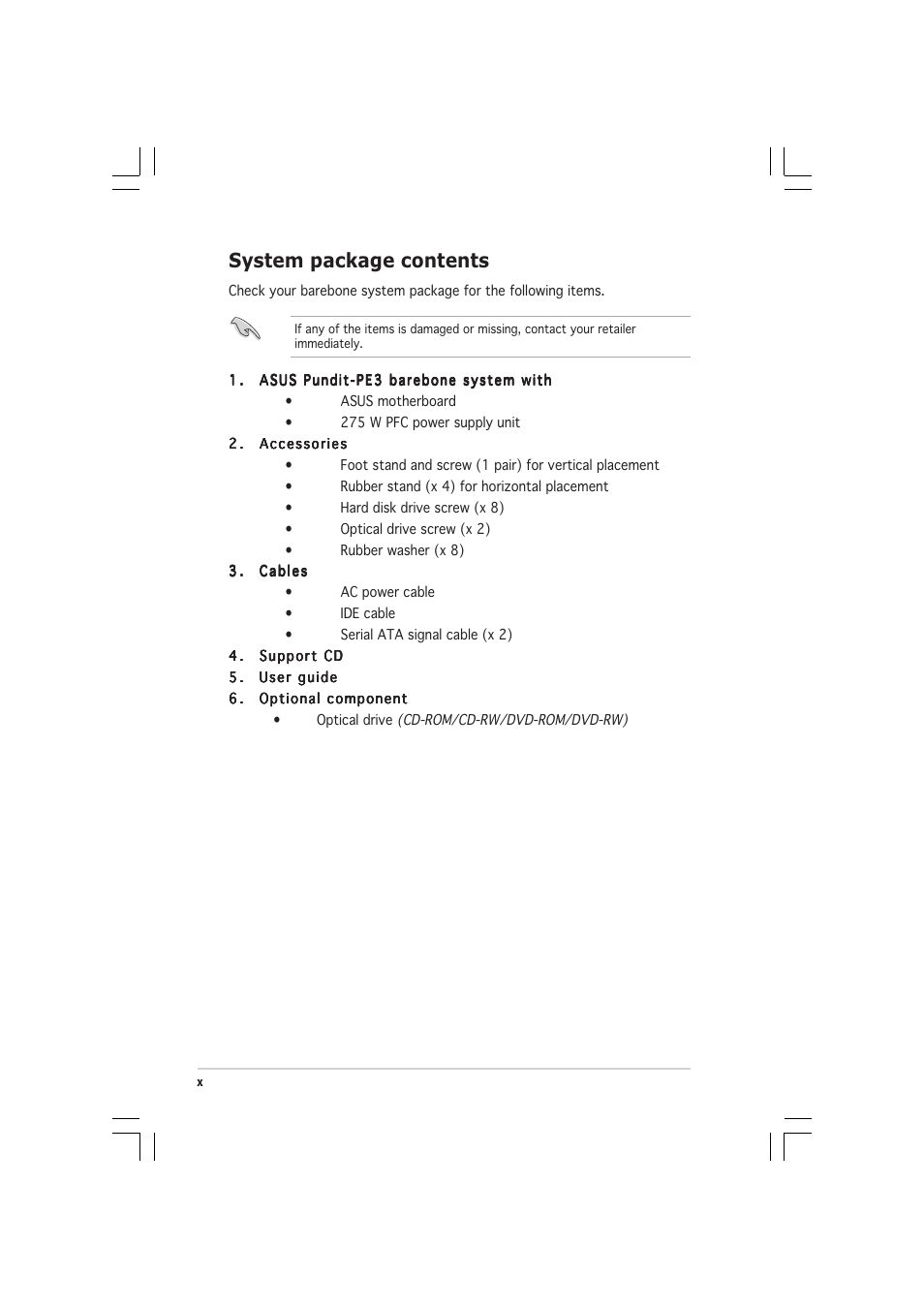 System package contents | Asus Pundit-PE3 User Manual | Page 10 / 90