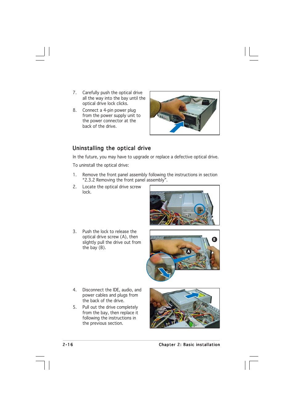 Uninstalling the optical drive | Asus Pundit-PE3 User Manual | Page 32 / 90