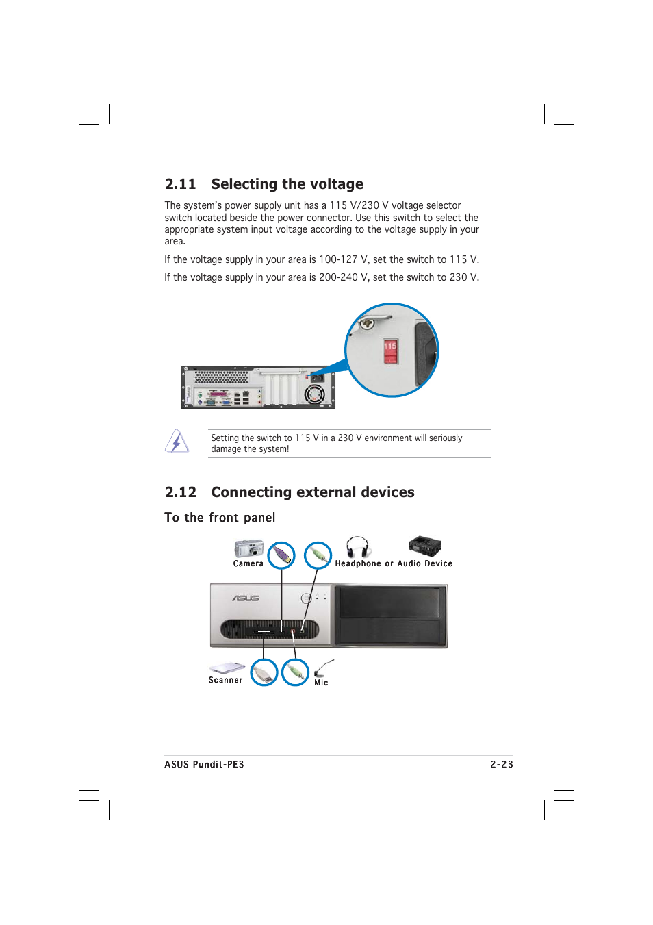 12 connecting external devices, 11 selecting the voltage | Asus Pundit-PE3 User Manual | Page 39 / 90