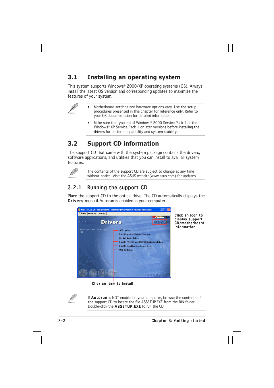 1 installing an operating system, 2 support cd information | Asus Pundit-PE3 User Manual | Page 42 / 90