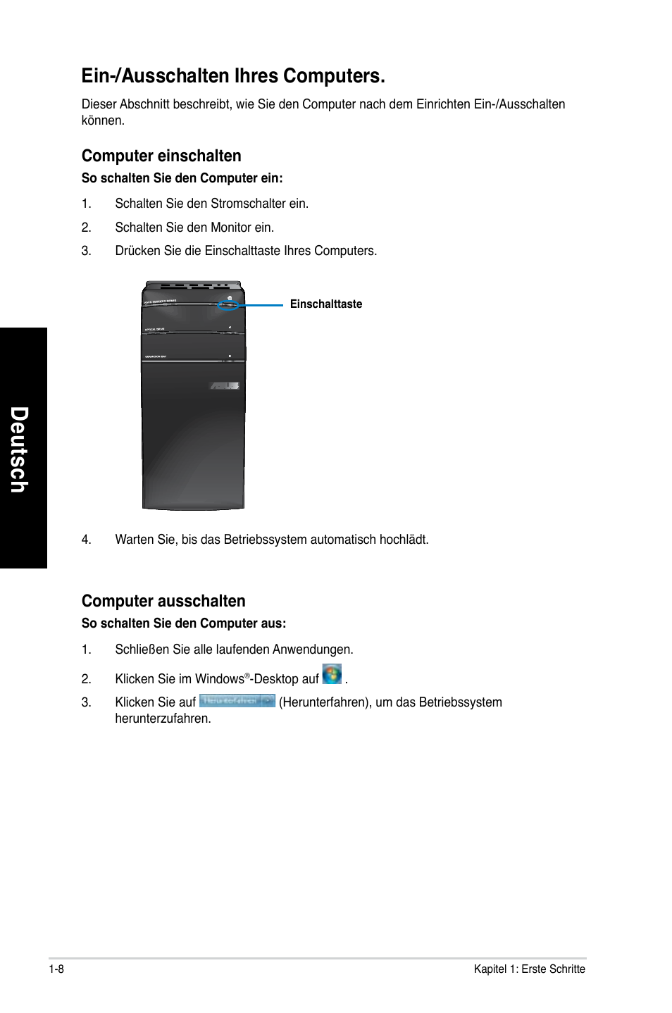 Ein-/ausschalten ihres computers, Ein-/ausschalten ihres computers -8, De uts ch de ut sc h | Asus CM1630 User Manual | Page 100 / 409