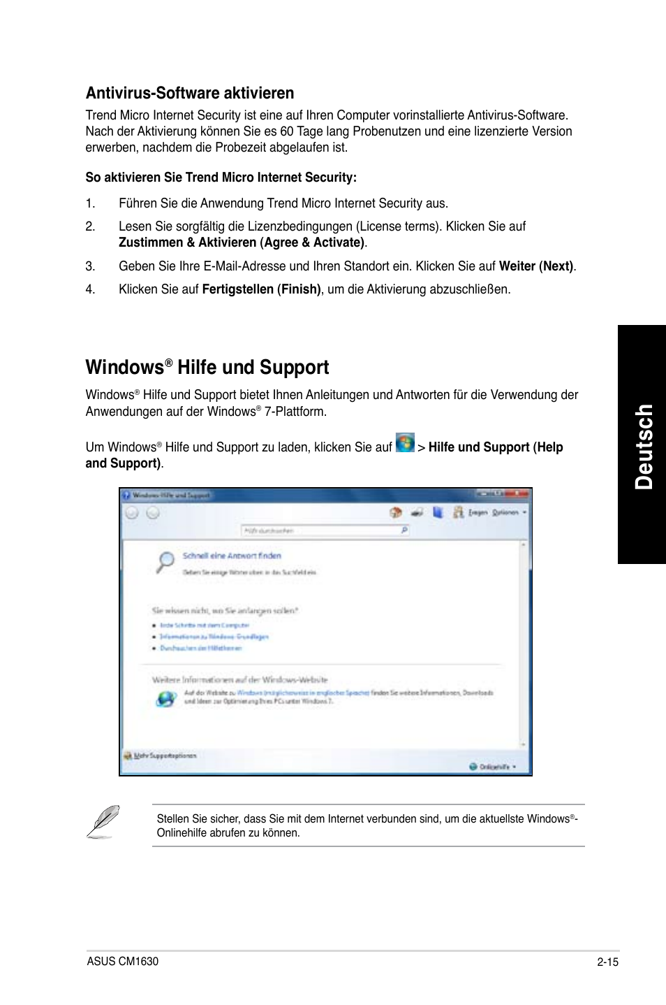 Windows® hilfe und support, Windows, Hilfe und support -15 | De uts ch de ut sc h, Hilfe und support | Asus CM1630 User Manual | Page 115 / 409