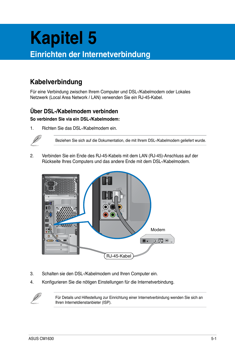 Kapitel 5, Einrichten der internetverbindung, Kabelverbindung | Kabelverbindung -1 | Asus CM1630 User Manual | Page 133 / 409