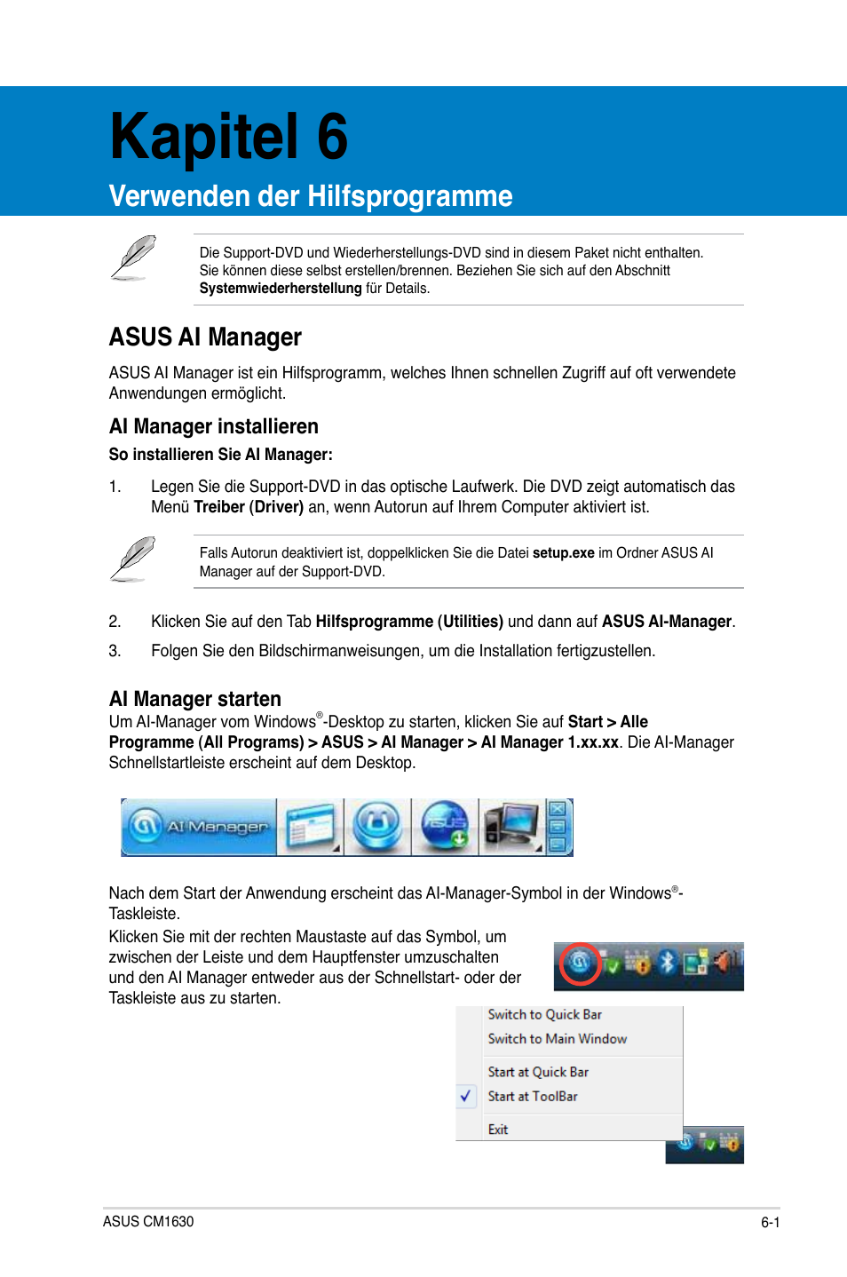 Kapitel 6, Verwenden der hilfsprogramme, Asus ai manager | Asus ai manager -1, Ai manager installieren, Ai manager starten | Asus CM1630 User Manual | Page 139 / 409