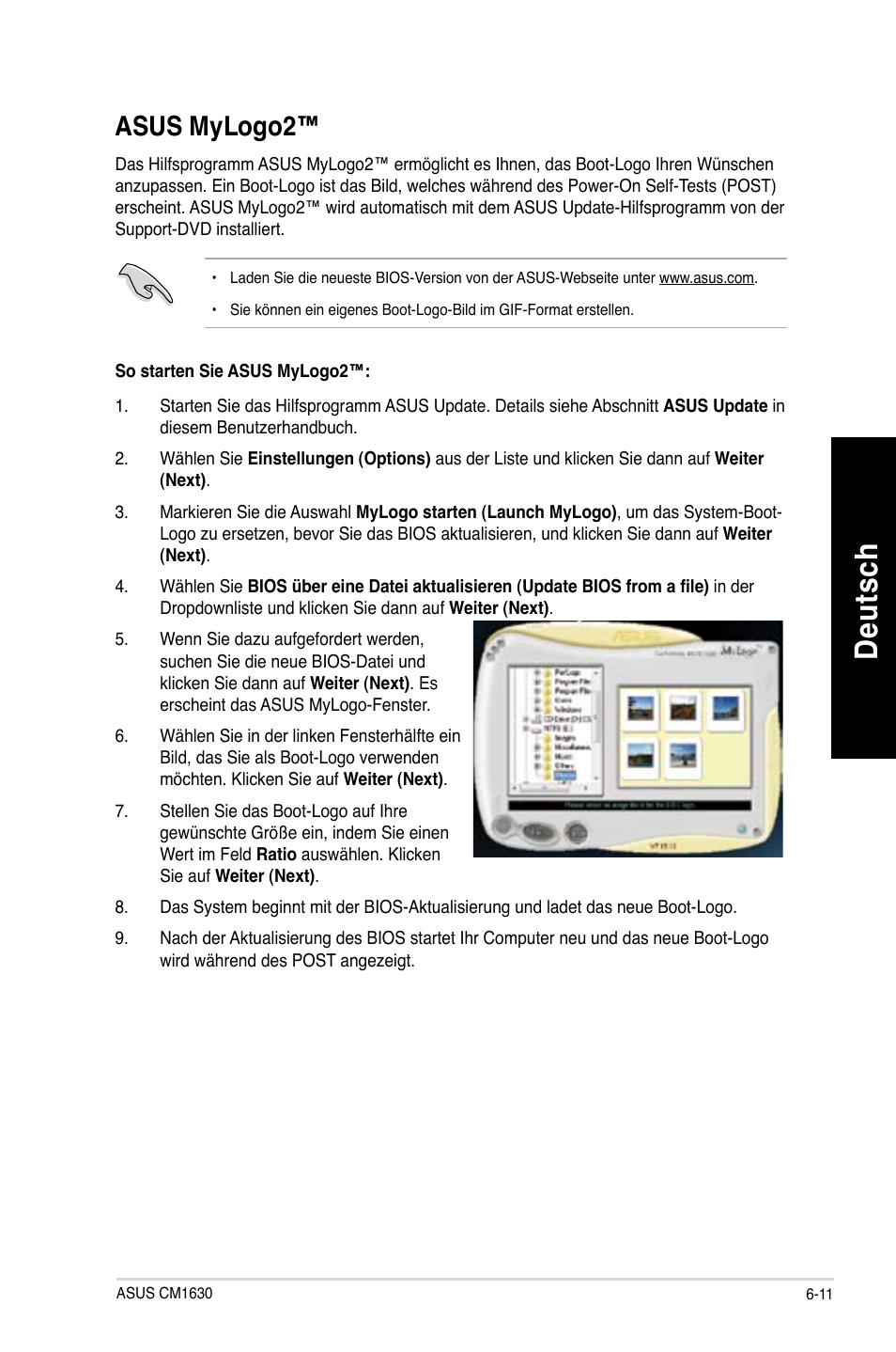 Asus mylogo2, Asus mylogo2™ -11, De uts ch de ut sc h | Asus CM1630 User Manual | Page 149 / 409