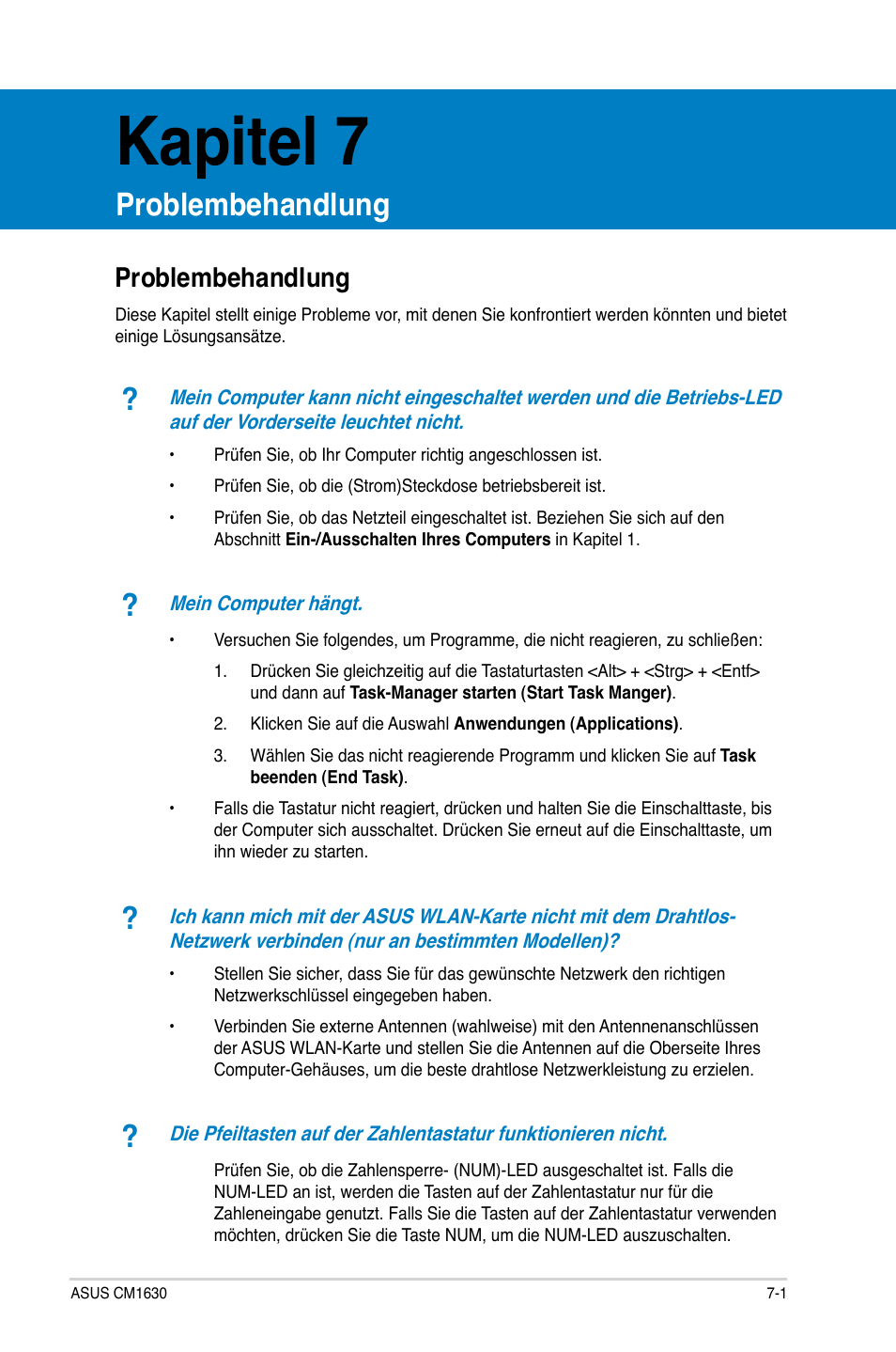 Kapitel 7, Problembehandlung, Problembehandlung -1 | Asus CM1630 User Manual | Page 157 / 409