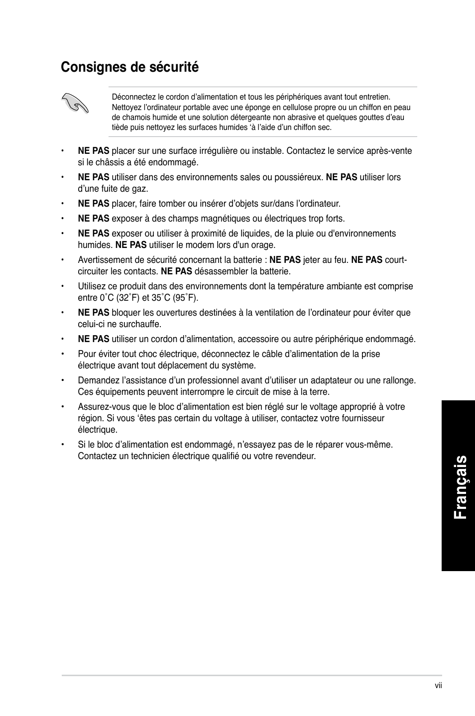 Consignes de sécurité, Fra nç ais fr an ça is fra nç ais fr an ça is | Asus CM1630 User Manual | Page 171 / 409