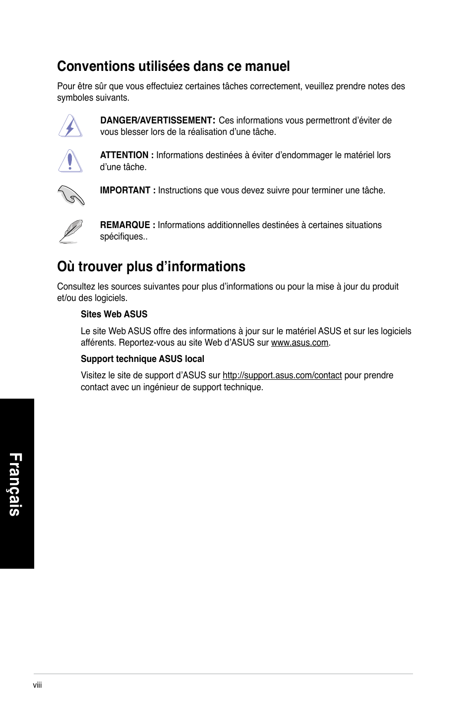 Conventions utilisées dans ce manuel, Où trouver plus d’informations, Fra nç ais fr an ça is fra nç ais fr an ça is | Asus CM1630 User Manual | Page 172 / 409