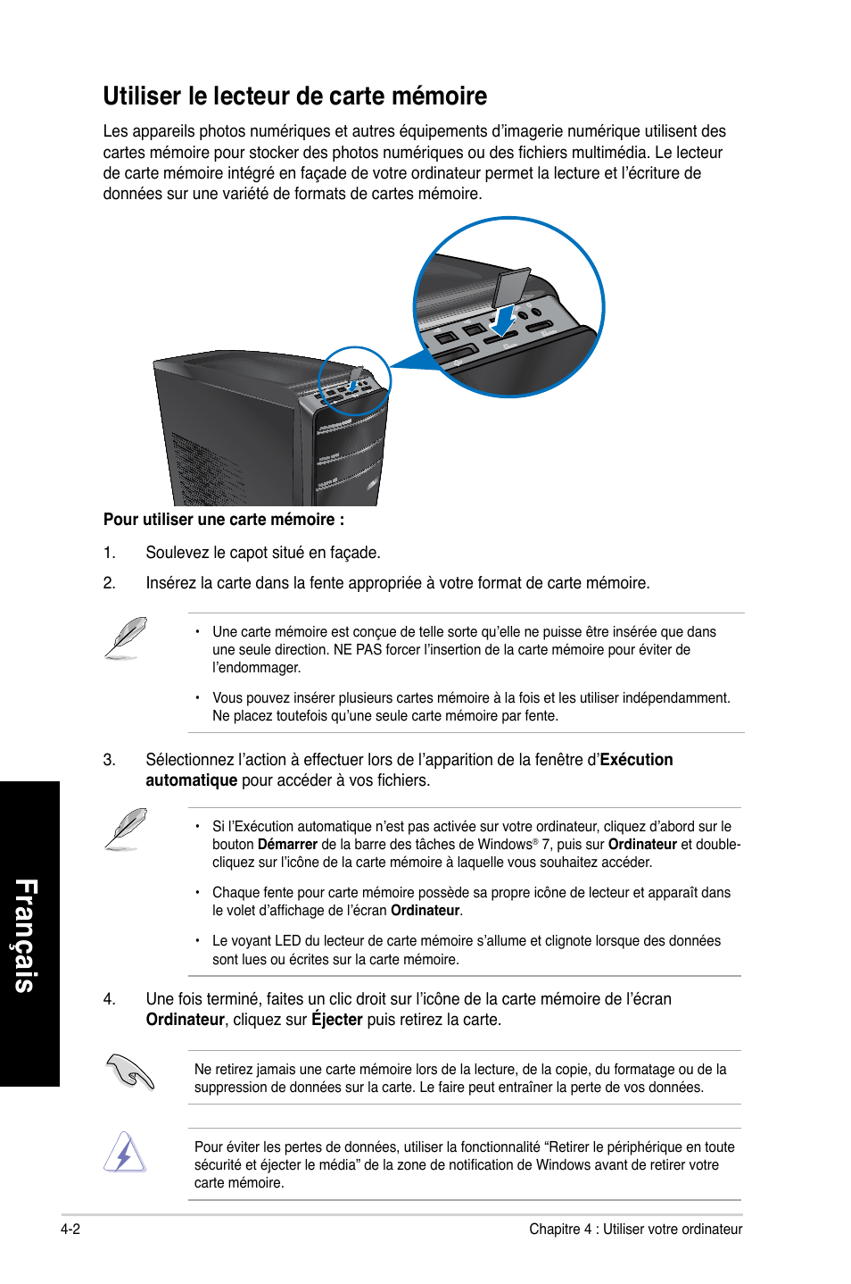 Fra nç ais fr an ça is fra nç ais fr an ça is, Utiliser le lecteur de carte mémoire | Asus CM1630 User Manual | Page 207 / 409