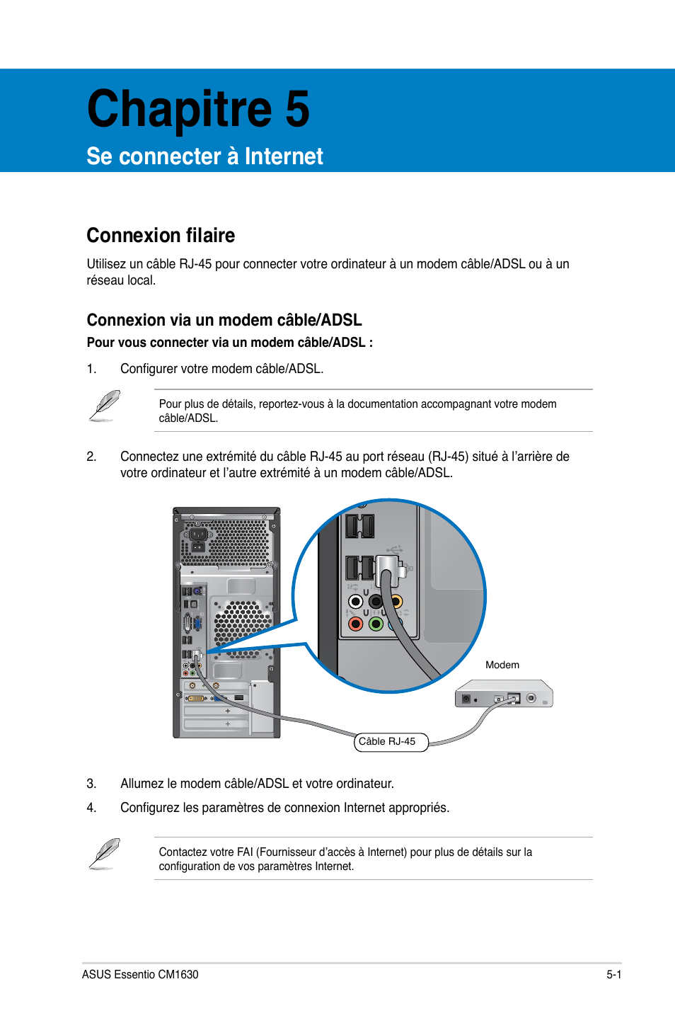 Chapitre 5, Se connecter à internet, Connexion filaire | Asus CM1630 User Manual | Page 214 / 409