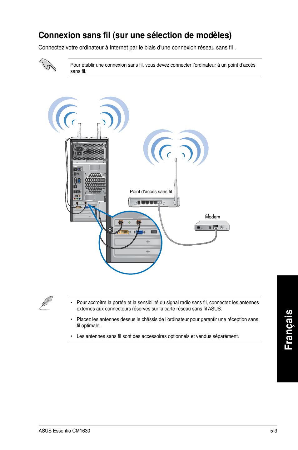 Fra nç ais fr an ça is, Connexion sans fil (sur une sélection de modèles) | Asus CM1630 User Manual | Page 216 / 409