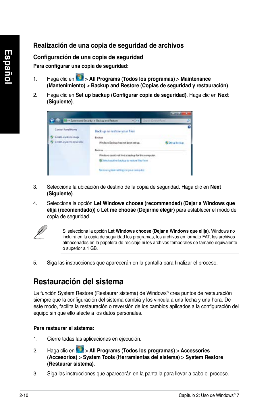 Es pa ño l es pa ño l es pa ño l es pa ño l, Restauración del sistema | Asus CM1630 User Manual | Page 273 / 409