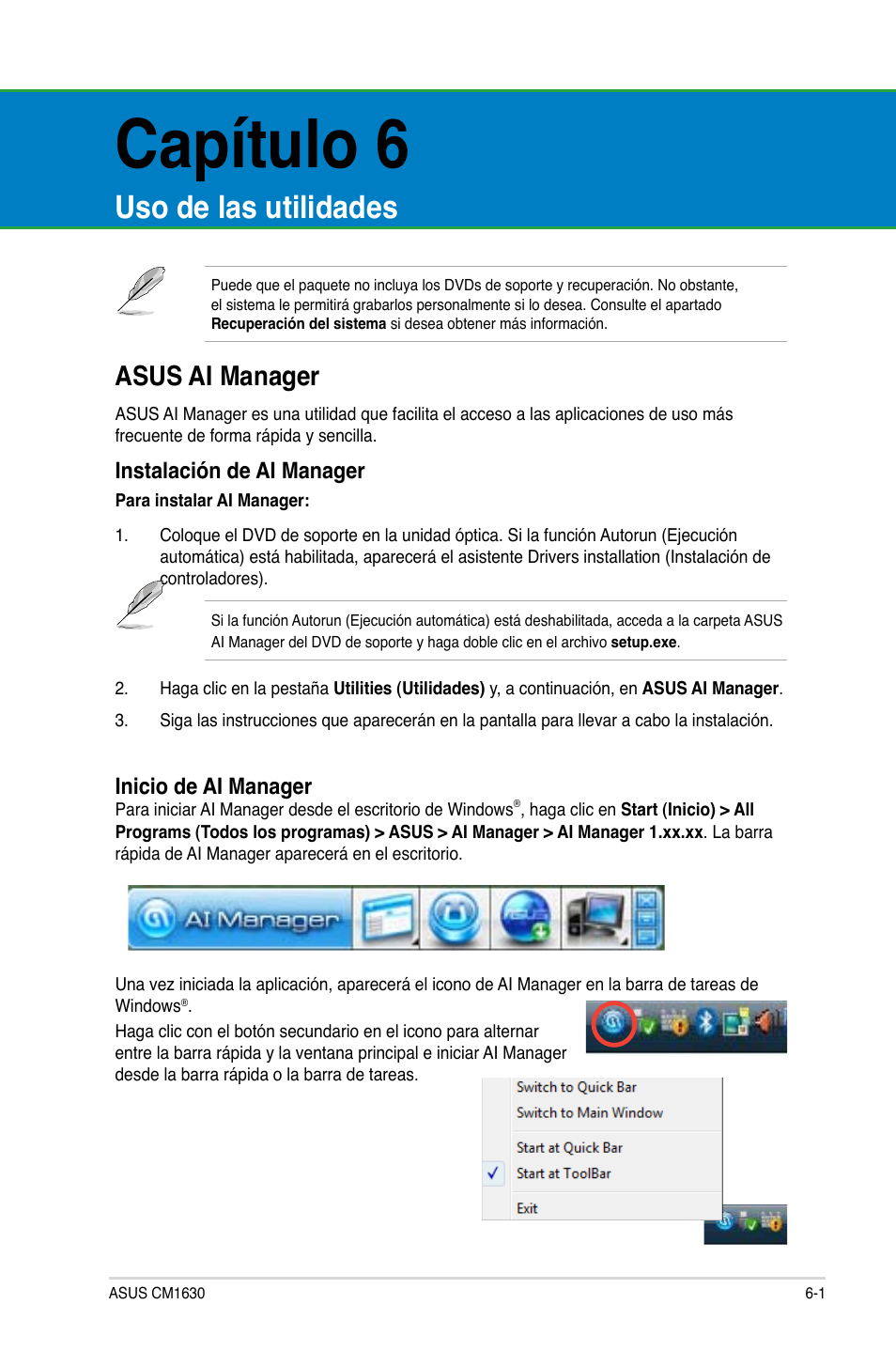 Capítulo 6, Uso de las utilidades, Asus ai manager | Instalación de ai manager, Inicio de ai manager | Asus CM1630 User Manual | Page 302 / 409