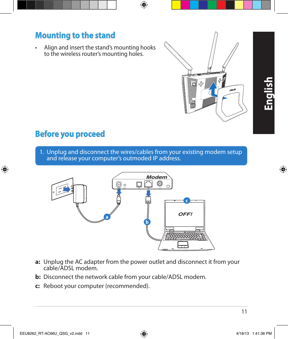 English, Mounting to the stand, Before you proceed | Asus RT-AC66U User Manual | Page 11 / 174