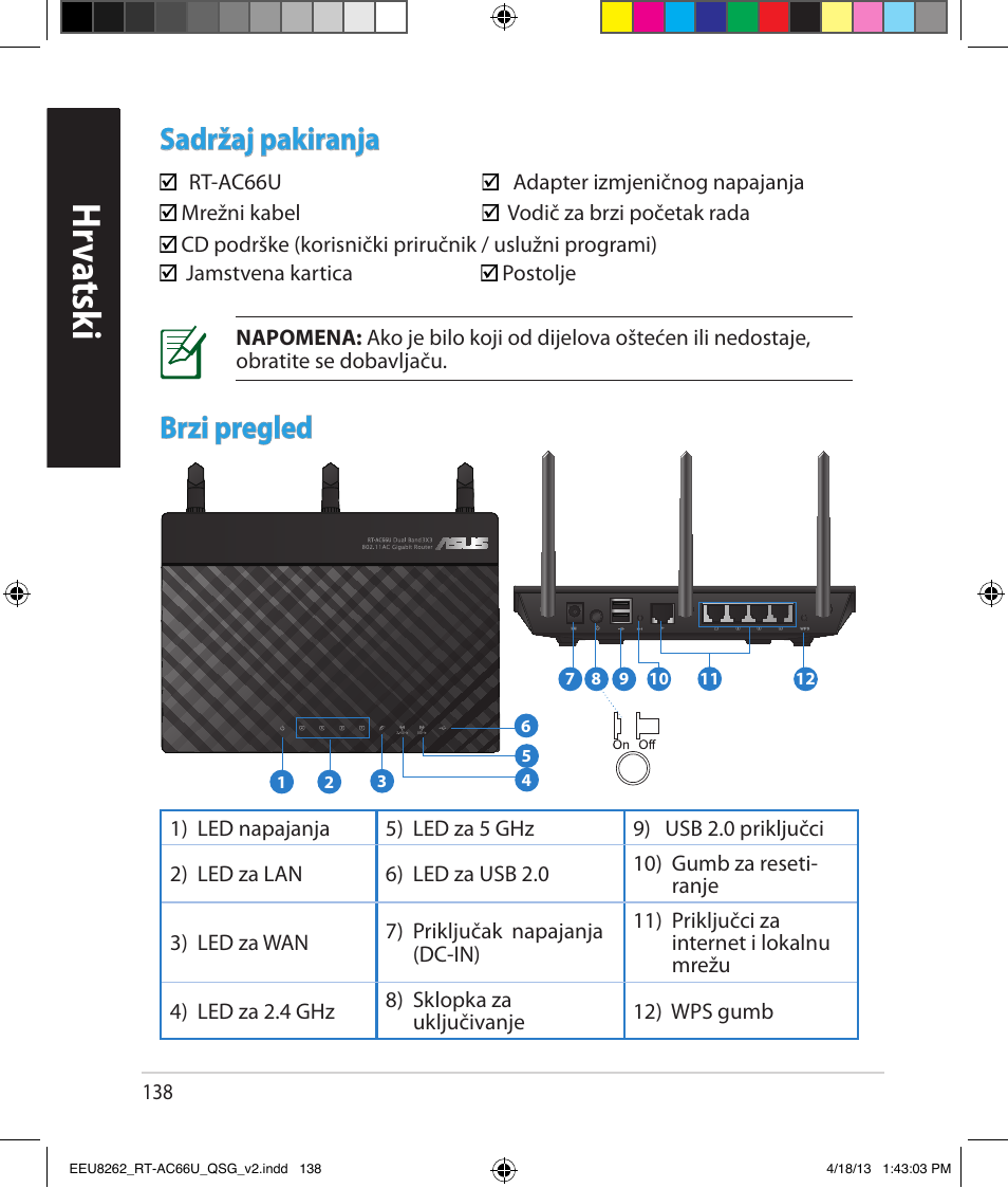 Hrv atsk i h rv atsk i, Sadržaj pakiranja, Brzi pregled | Asus RT-AC66U User Manual | Page 138 / 174