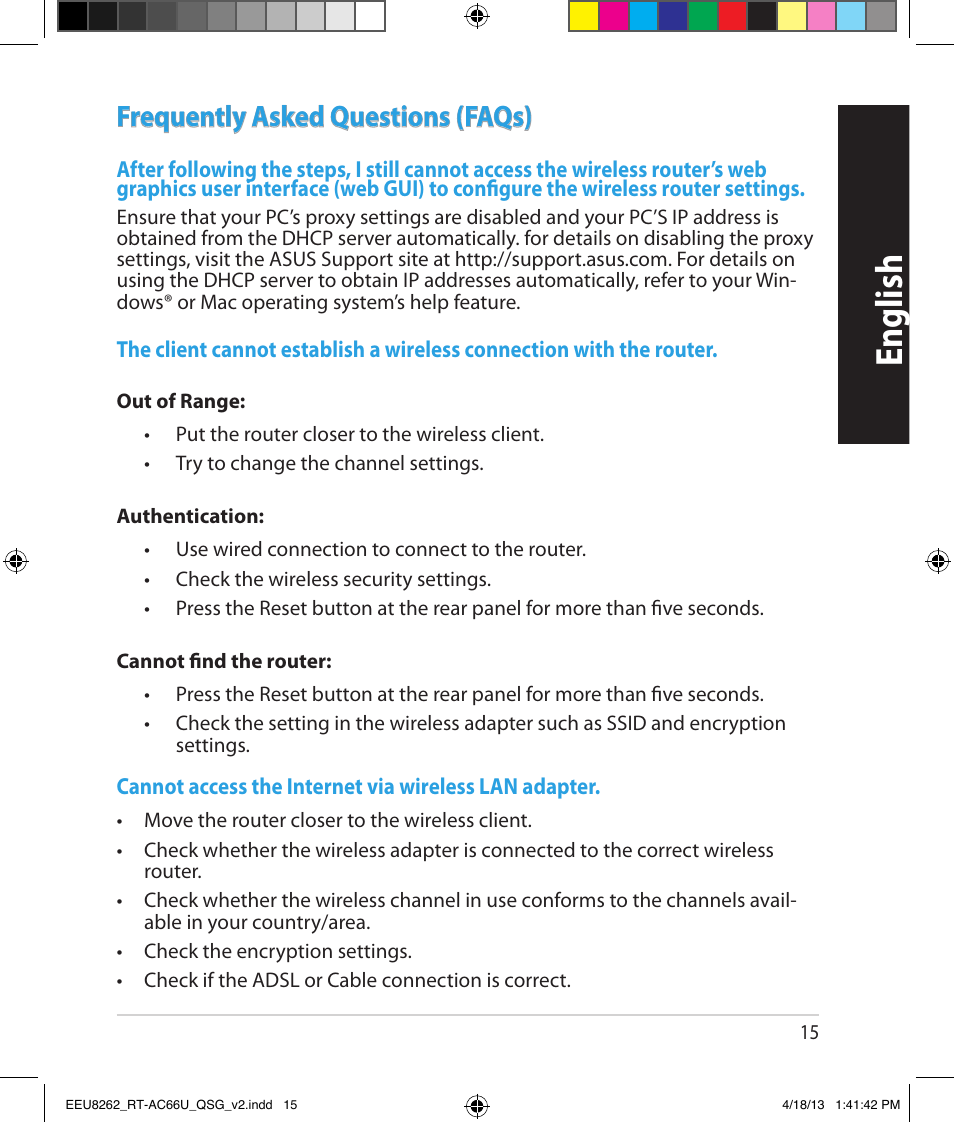 English, Frequently asked questions (faqs) | Asus RT-AC66U User Manual | Page 15 / 174