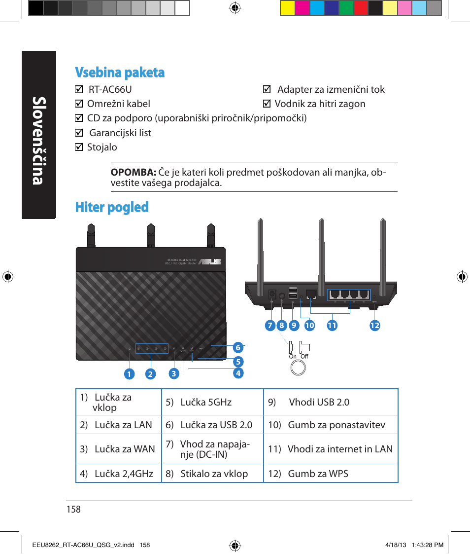 Slo venščina slo venščina, Vsebina paketa, Hiter pogled | Asus RT-AC66U User Manual | Page 158 / 174