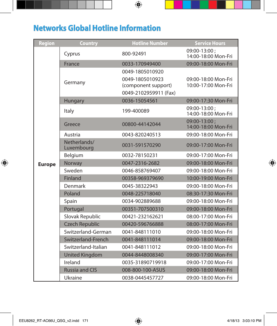 Networks global hotline information | Asus RT-AC66U User Manual | Page 171 / 174