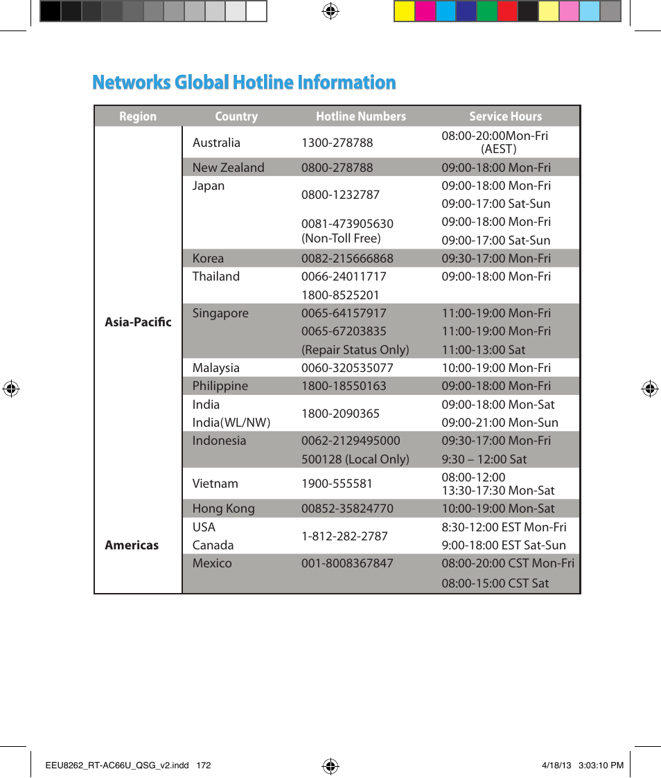 Networks global hotline information | Asus RT-AC66U User Manual | Page 172 / 174
