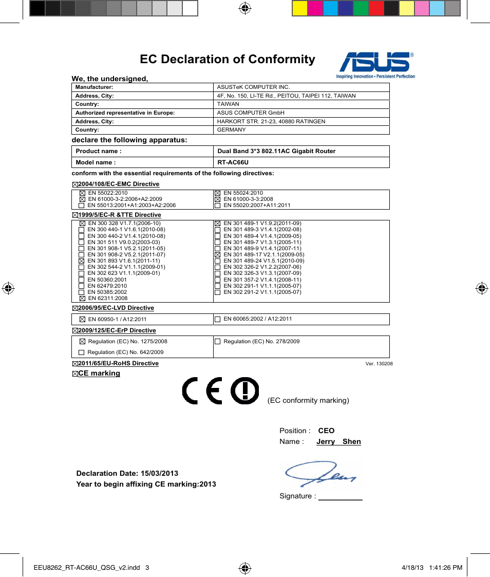 Ec declaration of conformity | Asus RT-AC66U User Manual | Page 3 / 174