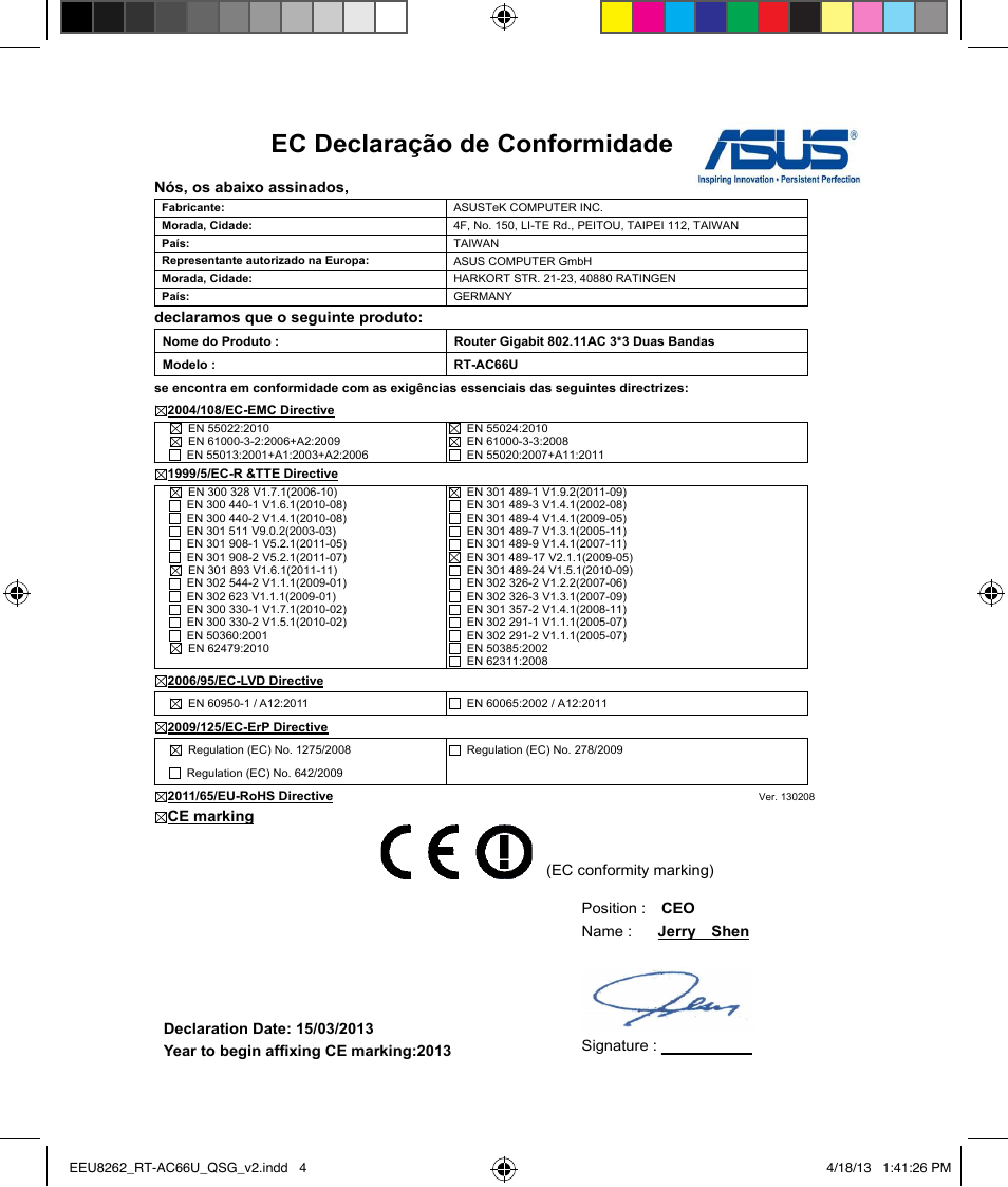 Ec declaração de conformidade | Asus RT-AC66U User Manual | Page 4 / 174