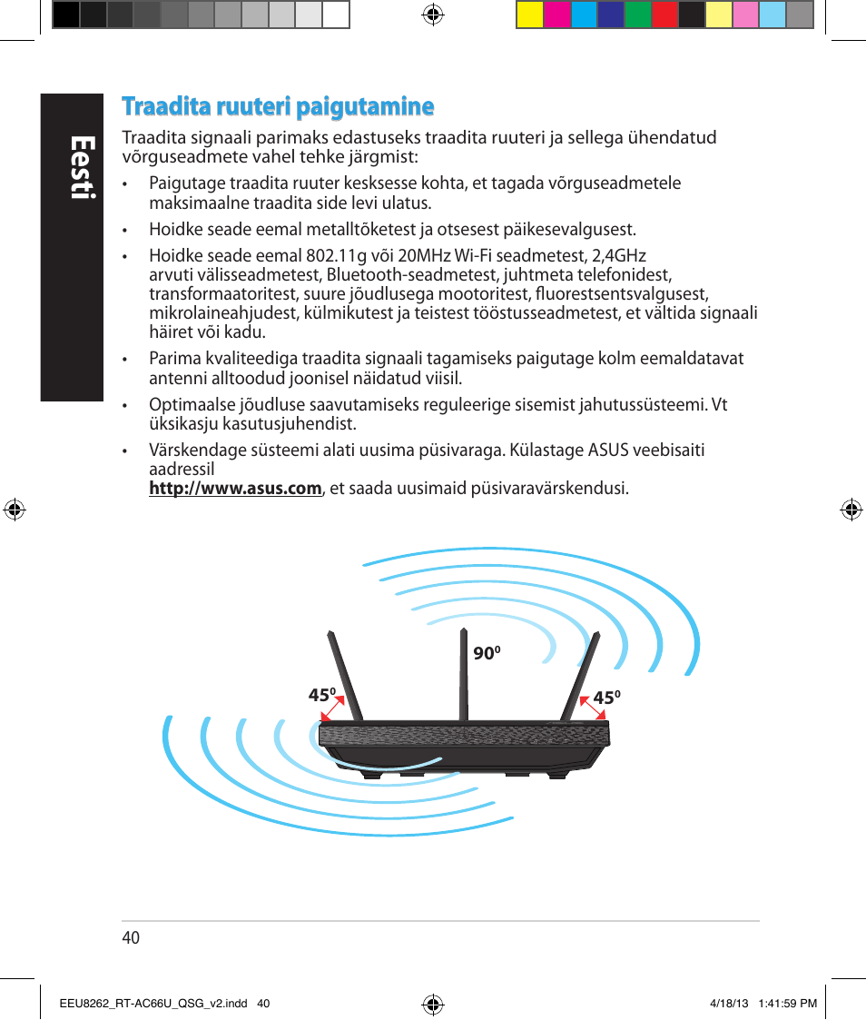 Eesti, Traadita ruuteri paigutamine | Asus RT-AC66U User Manual | Page 40 / 174