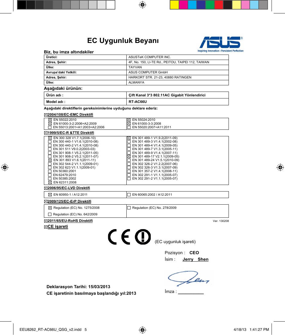 Ec uygunluk beyan | Asus RT-AC66U User Manual | Page 5 / 174