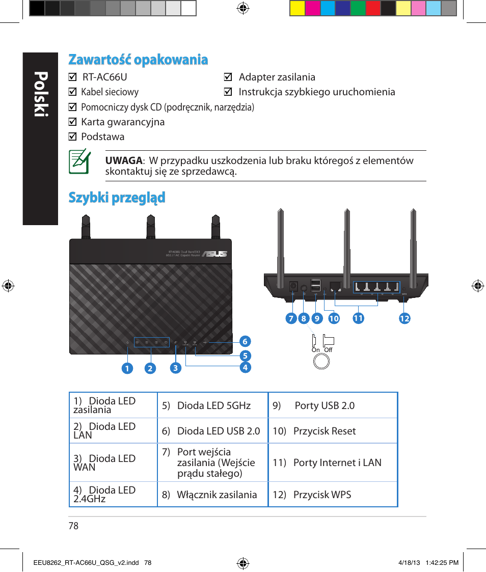 Polsk i, Zawartość opakowania, Szybki przegląd | Asus RT-AC66U User Manual | Page 78 / 174