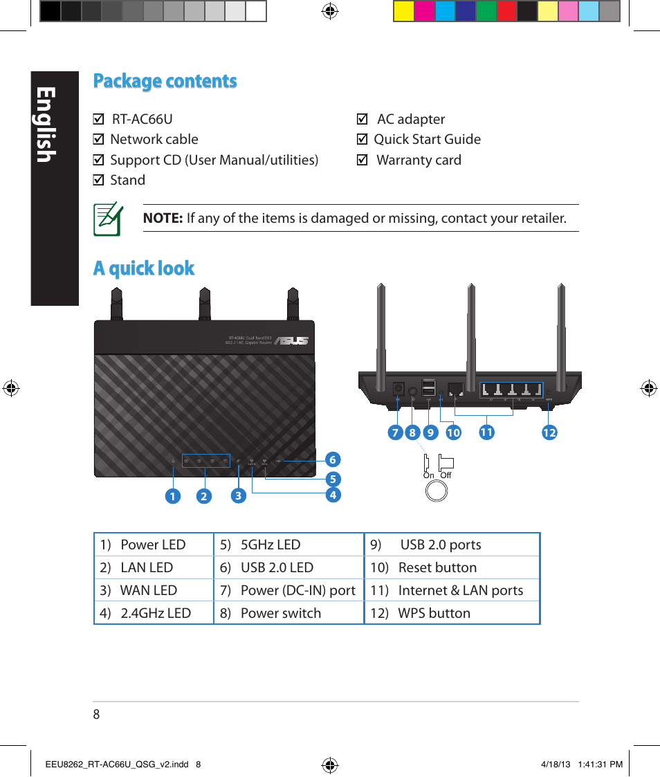 English, Package contents, A quick look | Asus RT-AC66U User Manual | Page 8 / 174