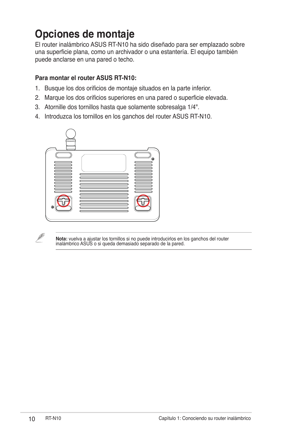 Opciones de montaje | Asus RT-N10 User Manual | Page 10 / 56