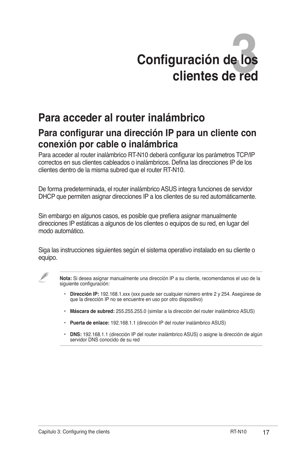 Configuración de los clientes de red, Para acceder al router inalámbrico | Asus RT-N10 User Manual | Page 17 / 56