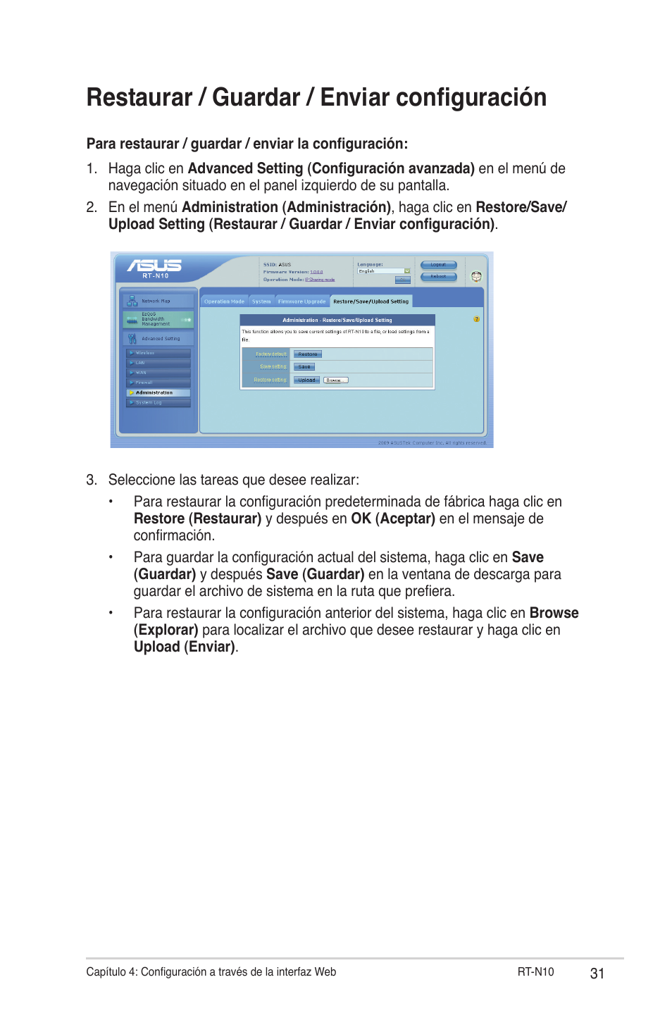Restaurar / guardar / enviar configuración | Asus RT-N10 User Manual | Page 31 / 56