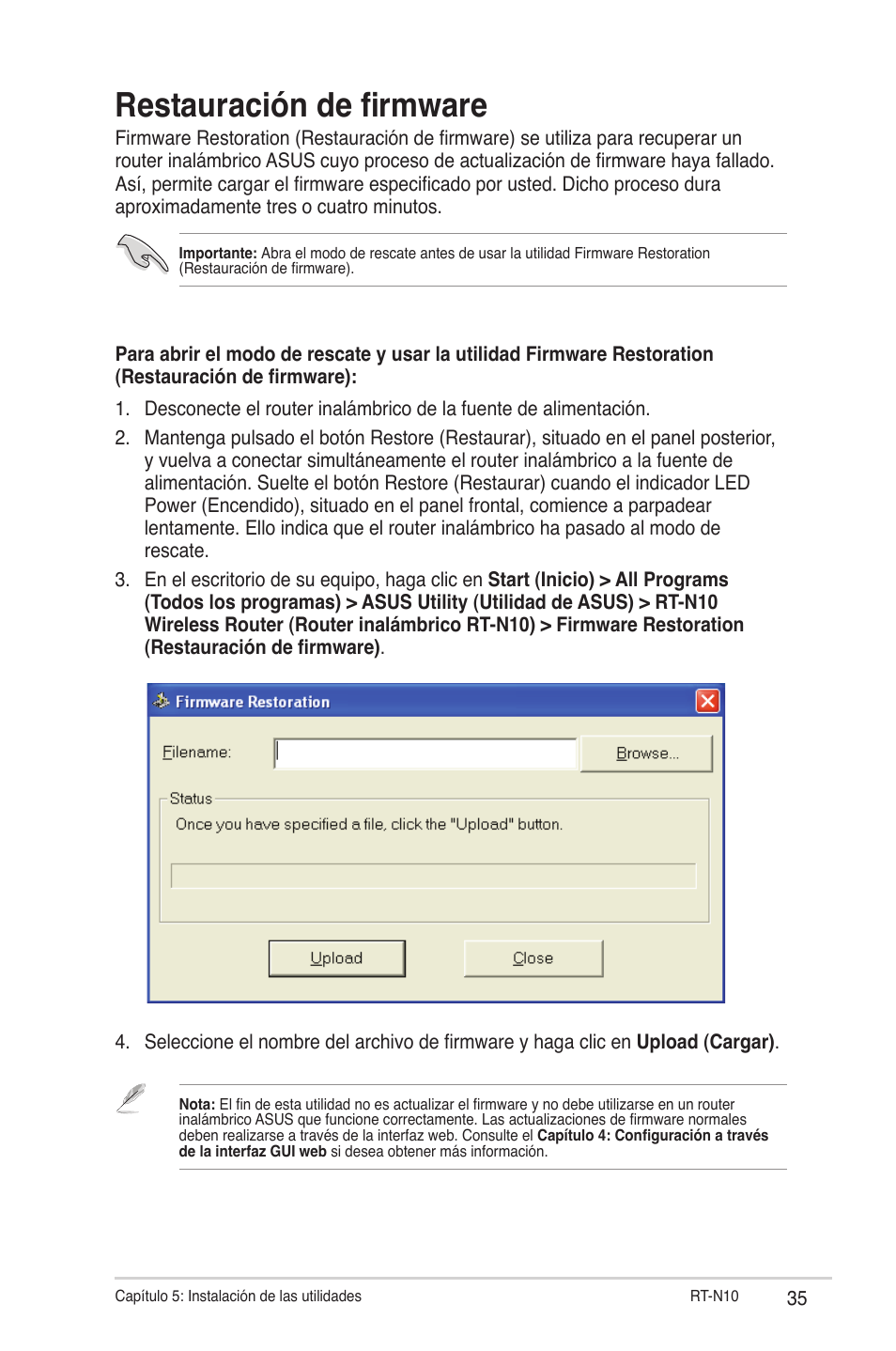 Restauración de firmware | Asus RT-N10 User Manual | Page 35 / 56