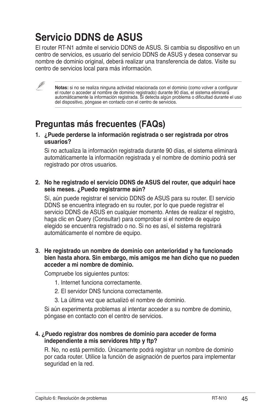 Servicio ddns de asus, Preguntas más frecuentes (faqs) | Asus RT-N10 User Manual | Page 45 / 56