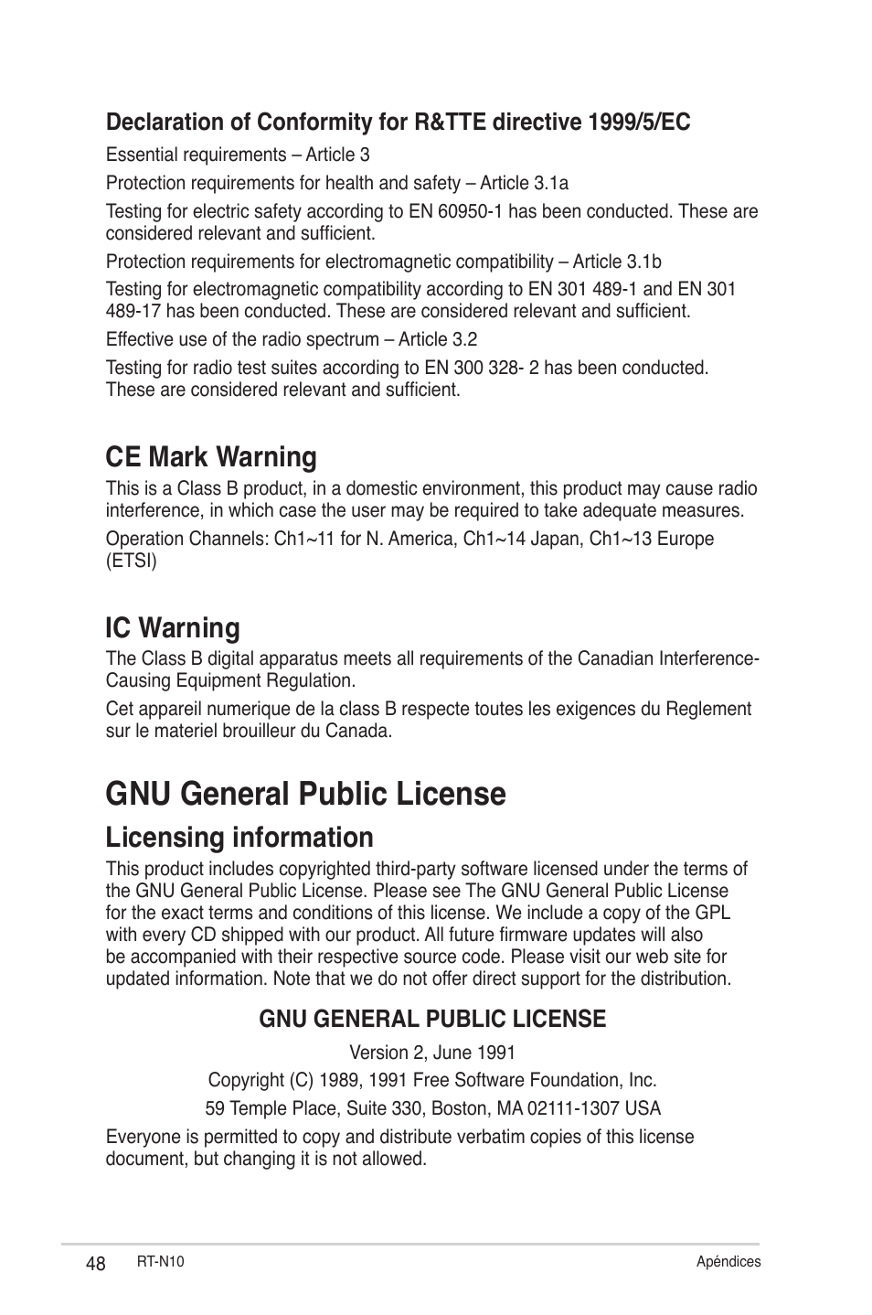 Gnu general public license, Ce mark warning, Ic warning | Licensing information | Asus RT-N10 User Manual | Page 48 / 56