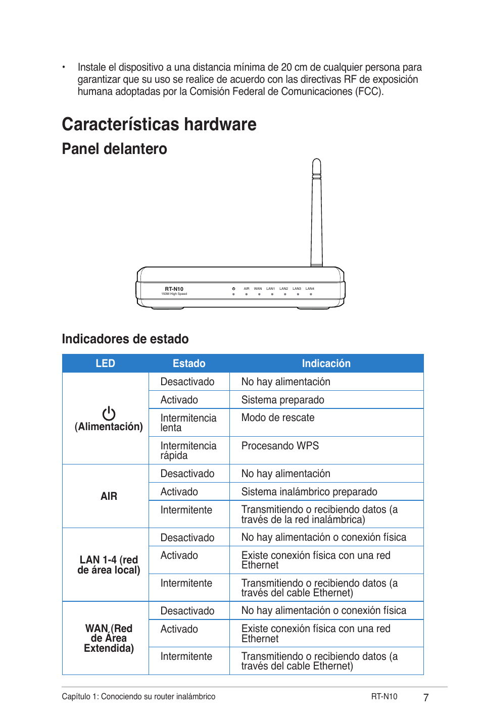 Características hardware, Panel delantero, Indicadores de estado | Asus RT-N10 User Manual | Page 7 / 56